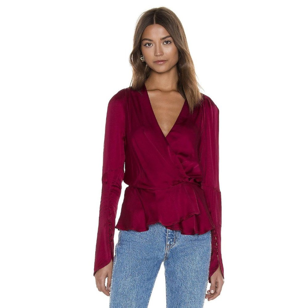 Young Fabulous Broke YFB Peplum Blouse Revolve Avery Top Wine Satin Ruffle New S